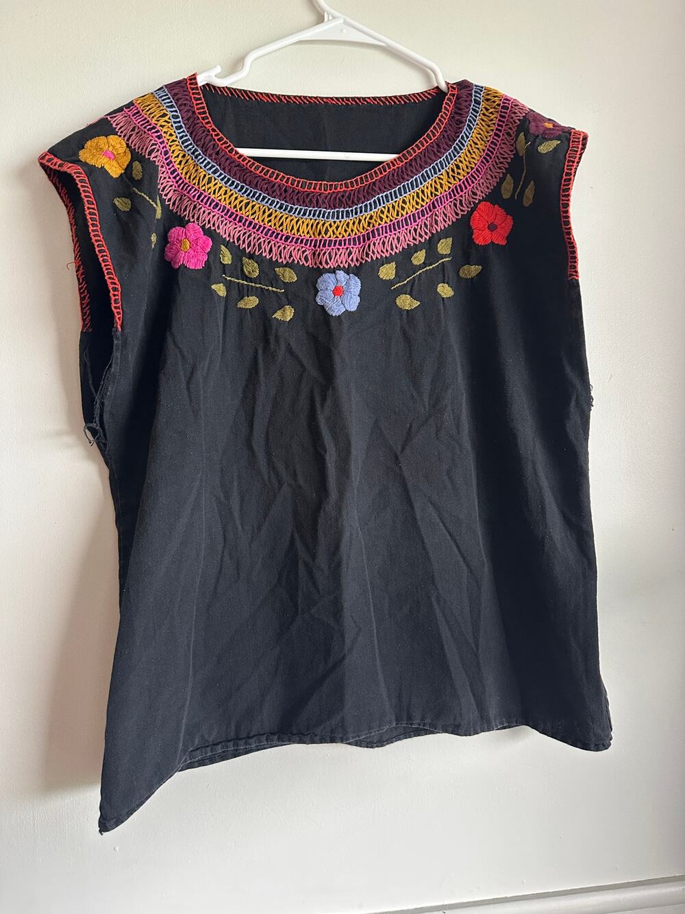 Vintage Mexican HUIPL blouse Black Hand Embroidered floral Boho pheasant top